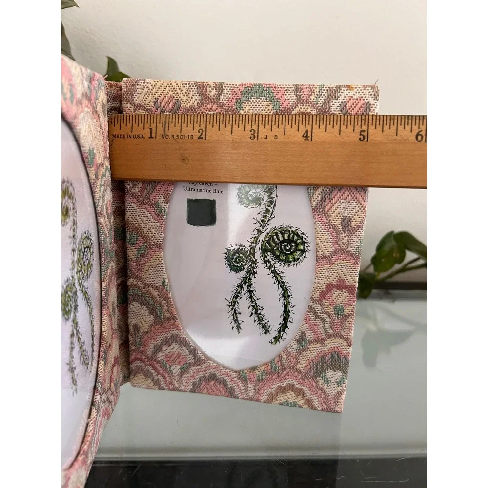 Vintage Tapestry Double Folding Photo Frame Pink Green Woven Fabric 5x7 Oval